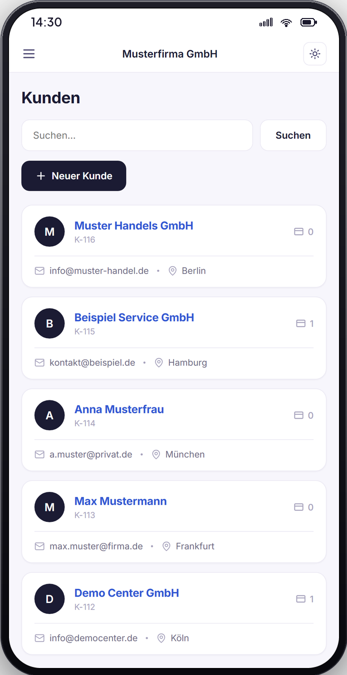 Flowdas CRM — Kundenliste auf dem Smartphone